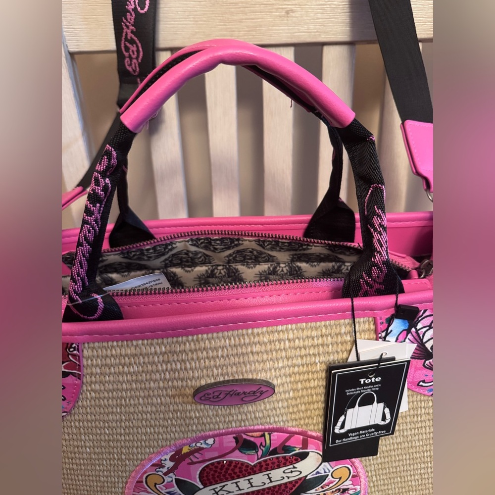 Ed Hardy Love Kills Slowly Straw Tote Bag Skull Rhinestone Tattoo Art Vegan NEW - Picture 14 of 16